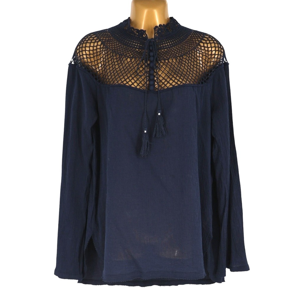 Free People On The Island Navy Crochet Yoke Blouse L Cotton Bell Sleeve Hi Low